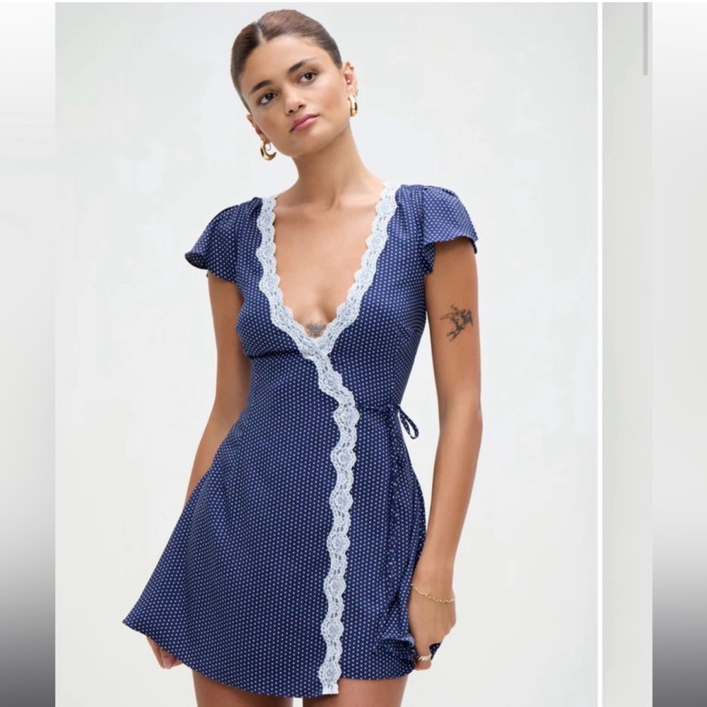 Frankie's Bikinis Lucy Blue Polka Dot Mini Dress with Lace